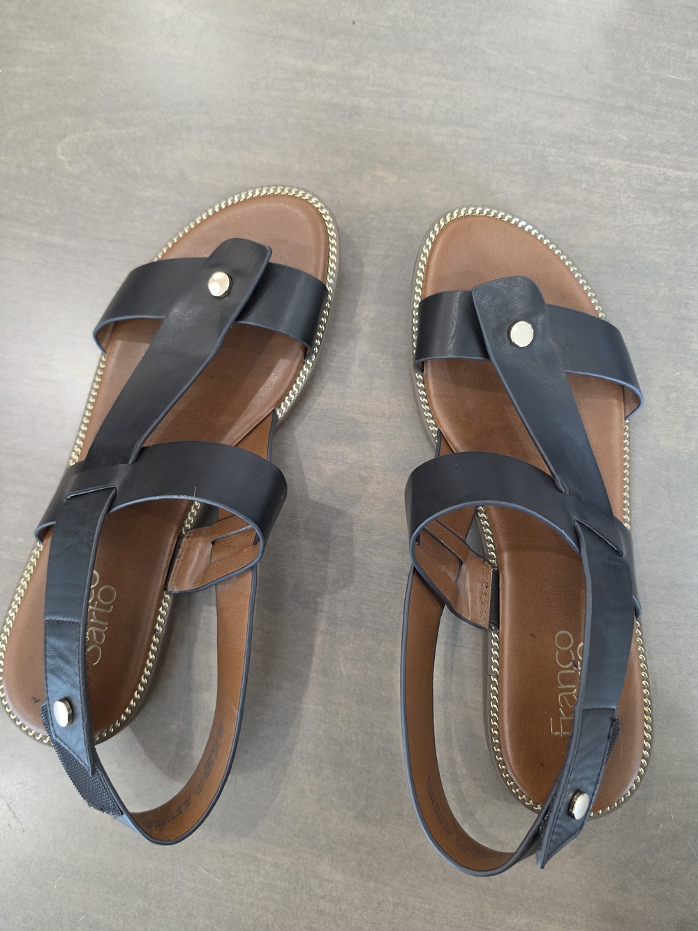 Franco Sarto Black Leather Slingback Sandals with Gold Trim US 8